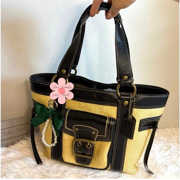 Coach Handbags - Vintage COACH y2k Black Natural Legacy Straw Tote Bag